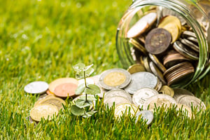 a glass jar tips out an assortment of coins onto grass