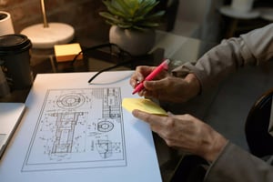 A person with a light-colored blazer holds a yellow sticky note while writing with a pink pen. On the table, there is a large sheet of technical drawings, a coffee cup, and a small plant in the background.