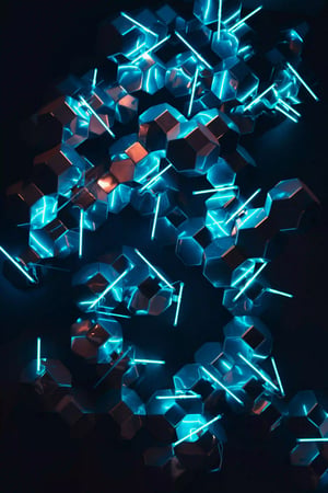A cluster of hexagonal shapes and glowing blue neon rods is arranged against a dark background, creating an abstract, futuristic pattern with vibrant light reflections.